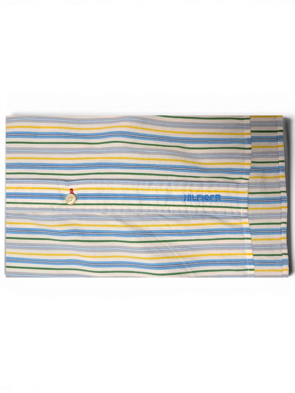 JAKE & IPI Tommy Hilfiger short sleeve button-down shirt featuring white, blue, green, and yellow vertical stripes.