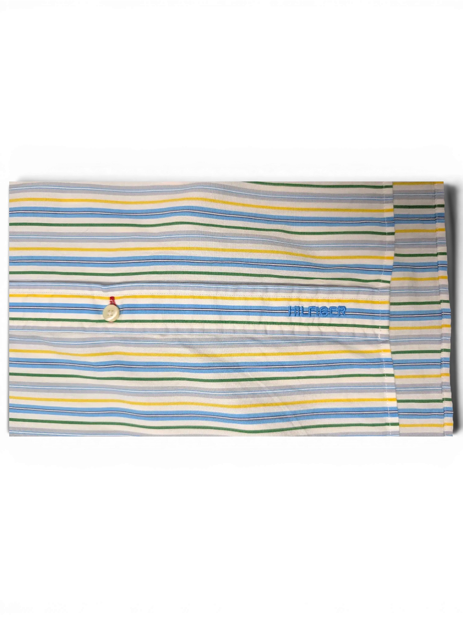 JAKE & IPI Tommy Hilfiger short sleeve button-down shirt featuring white, blue, green, and yellow vertical stripes.