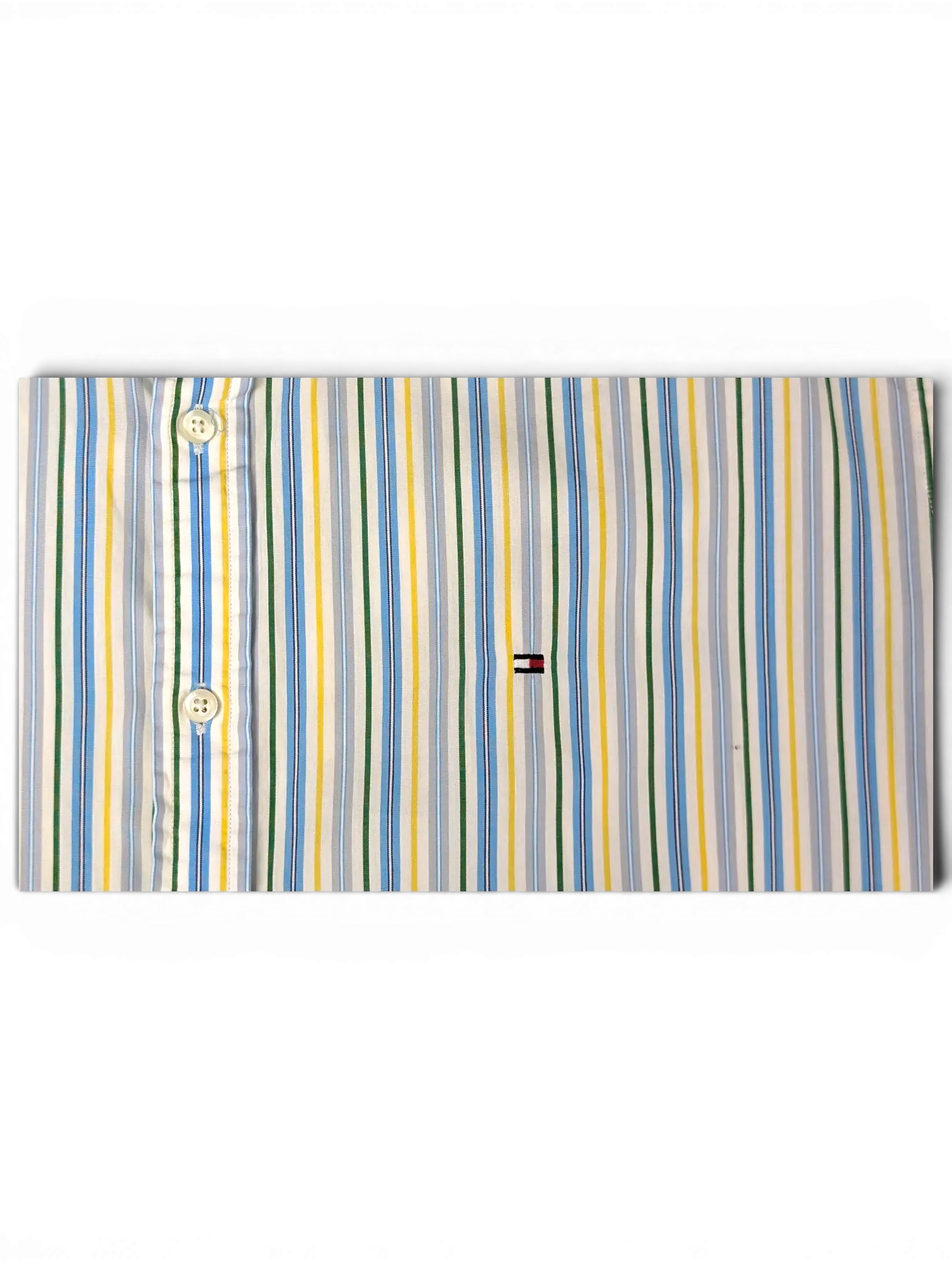 JAKE & IPI pre-owned Tommy Hilfiger short sleeve button-down shirt with vertical blue, green, and yellow stripes.
