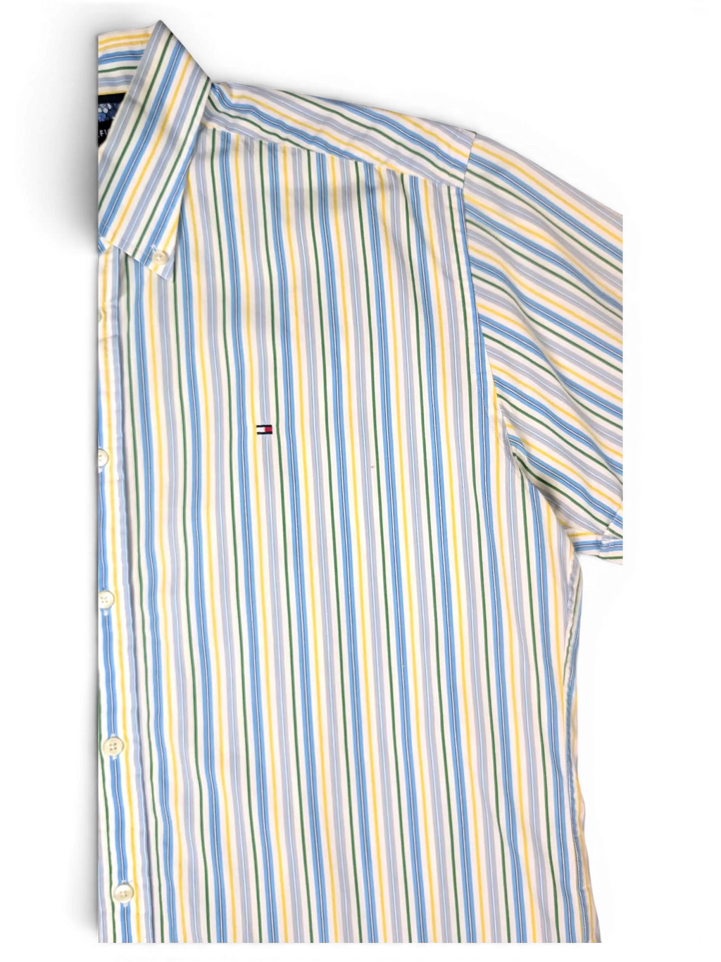 JAKE & IPI pre-owned Tommy Hilfiger short sleeve button-down shirt with vertical blue, green, and yellow stripes.