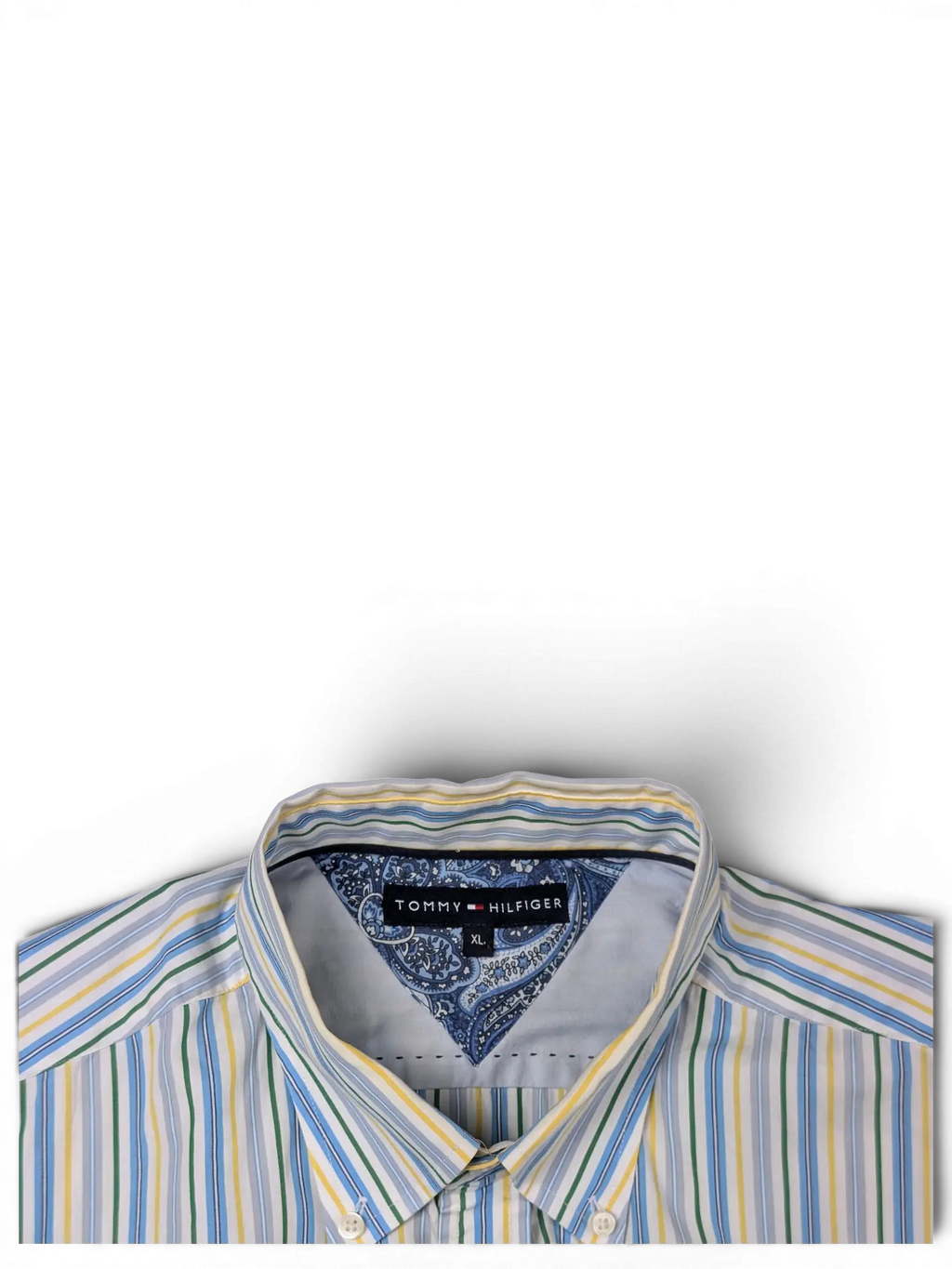 JAKE & IPI Tommy Hilfiger short sleeve button-down shirt with white, blue, green, and yellow vertical stripes