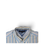 JAKE & IPI Tommy Hilfiger short sleeve button-down shirt with white, blue, green, and yellow vertical stripes
