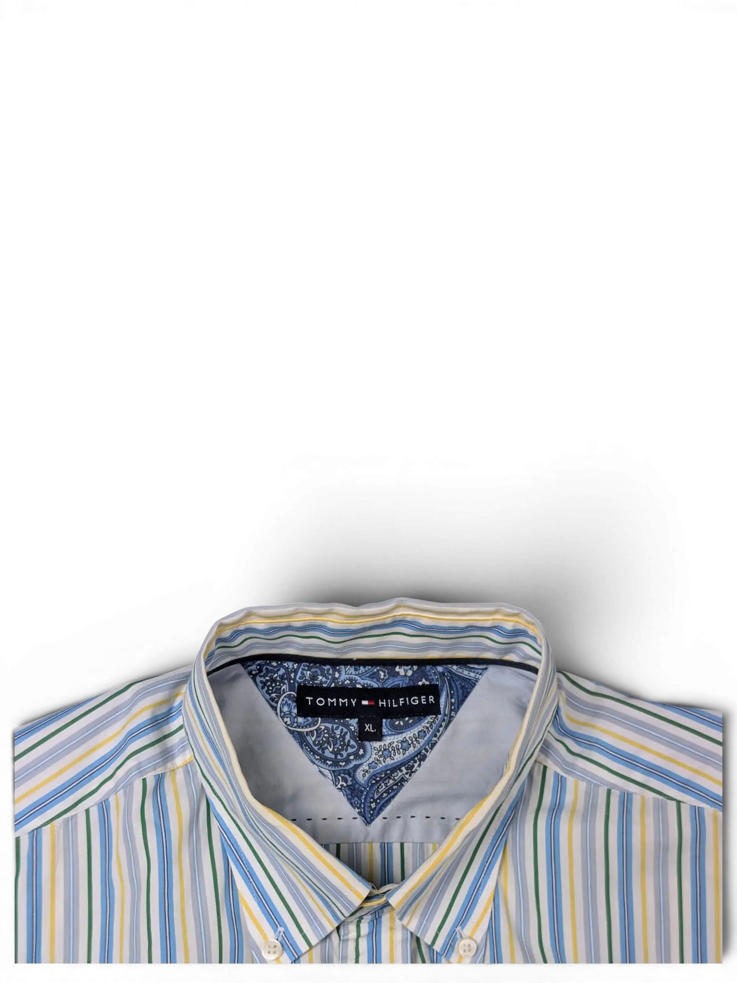 JAKE & IPI Tommy Hilfiger short sleeve button-down shirt with white, blue, green, and yellow vertical stripes