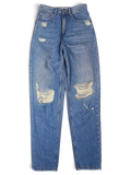 JAKE & IPI Tommy Jeans high-waisted blue denim jeans with distressed knee rips and classic five-pocket construction.