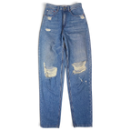 JAKE & IPI Tommy Jeans high-waisted blue denim jeans with distressed knee rips and classic five-pocket construction.