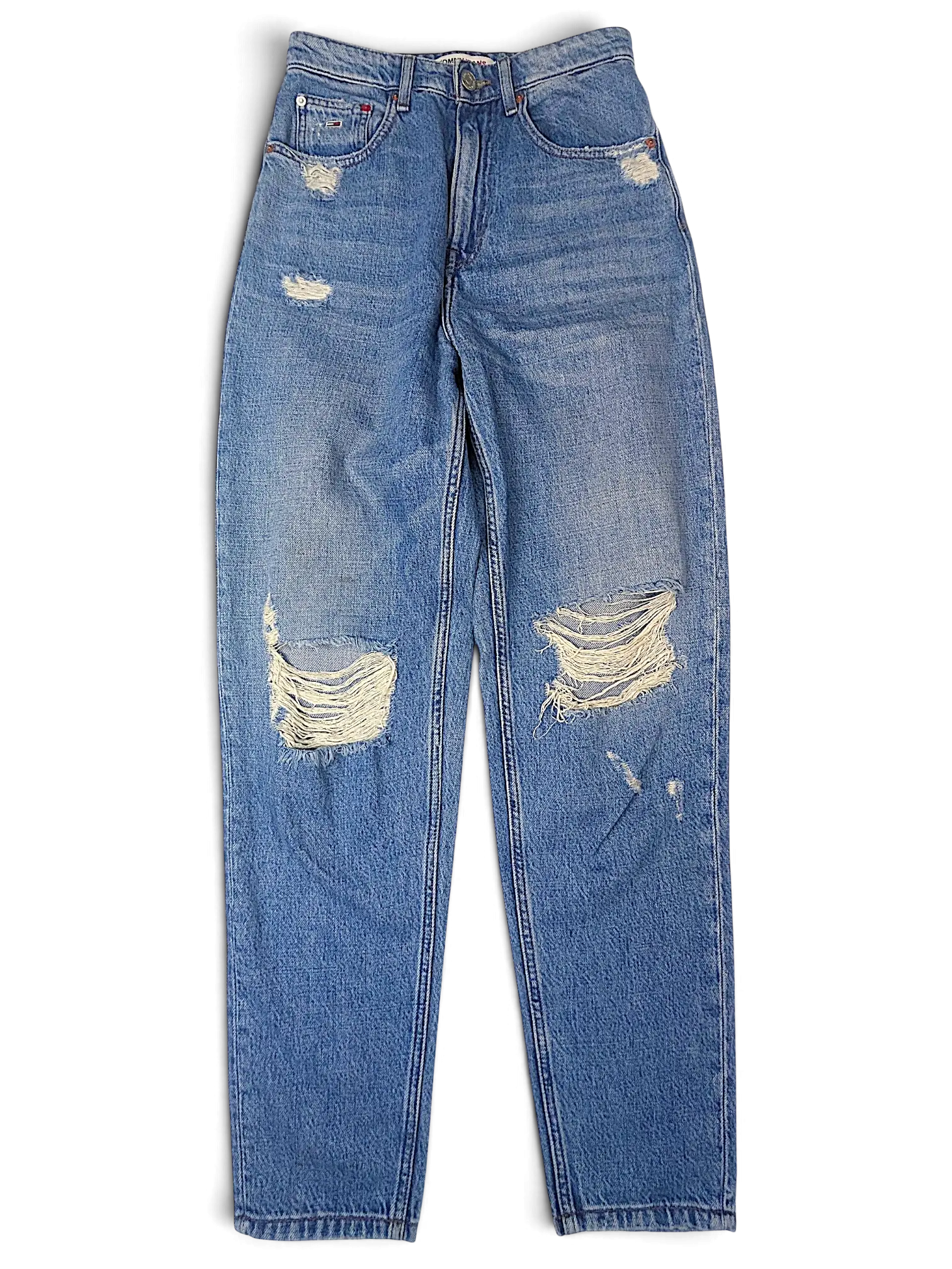 JAKE & IPI Tommy Jeans high-waisted blue denim jeans with distressed knee rips and classic five-pocket construction.