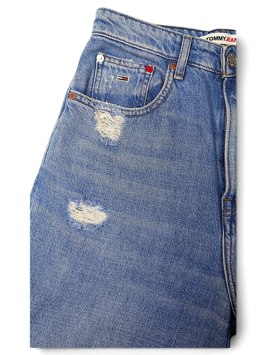 JAKE & IPI Tommy Jeans light blue denim jeans with distressed detailing and classic five-pocket construction