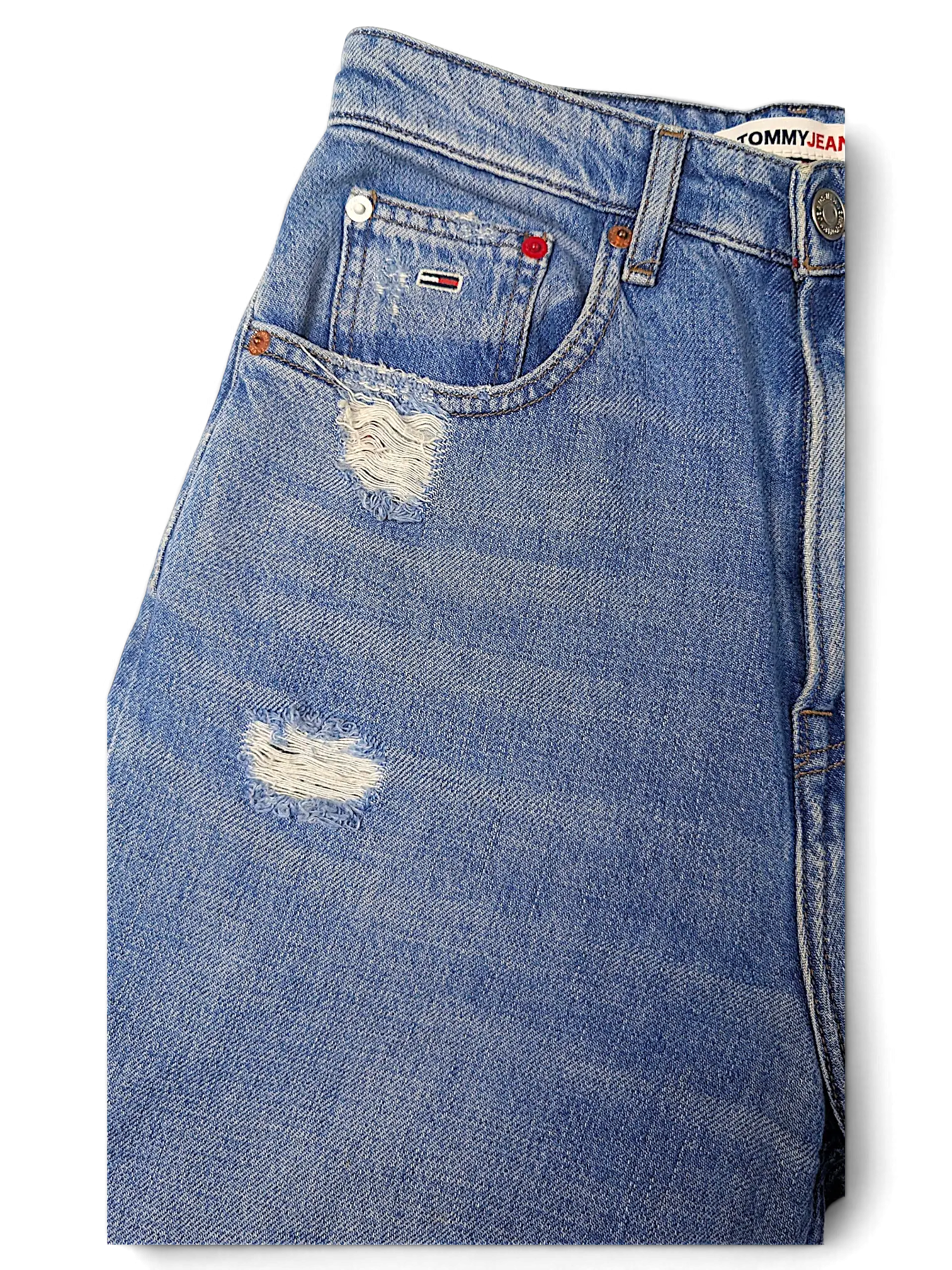 JAKE & IPI Tommy Jeans light blue denim jeans with distressed detailing and classic five-pocket construction