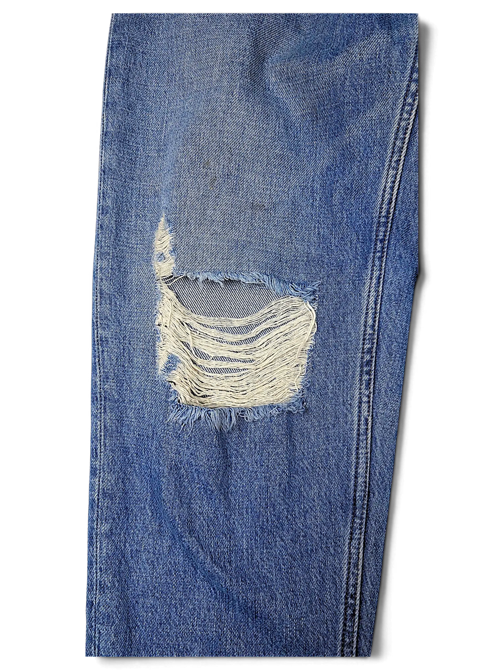 JAKE & IPI Tommy Jeans blue denim with a distressed knee detail and classic five-pocket construction.