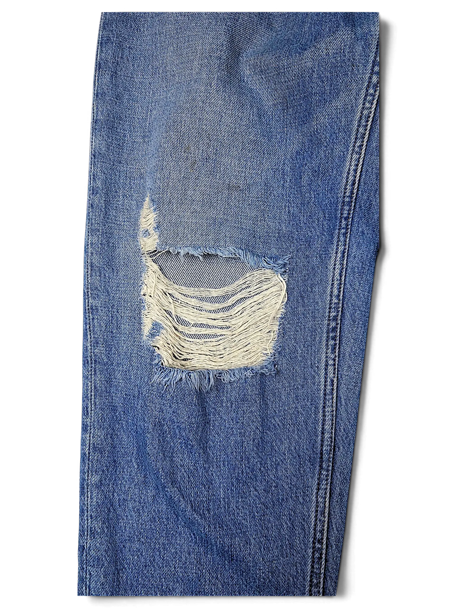 JAKE & IPI Tommy Jeans blue denim with a distressed knee detail and classic five-pocket construction.