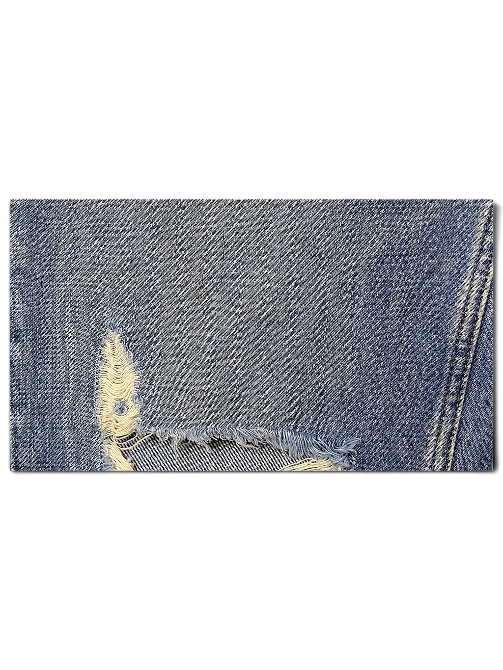 JAKE & IPI Tommy Jeans blue denim fabric with distressed frayed detail and classic stitching