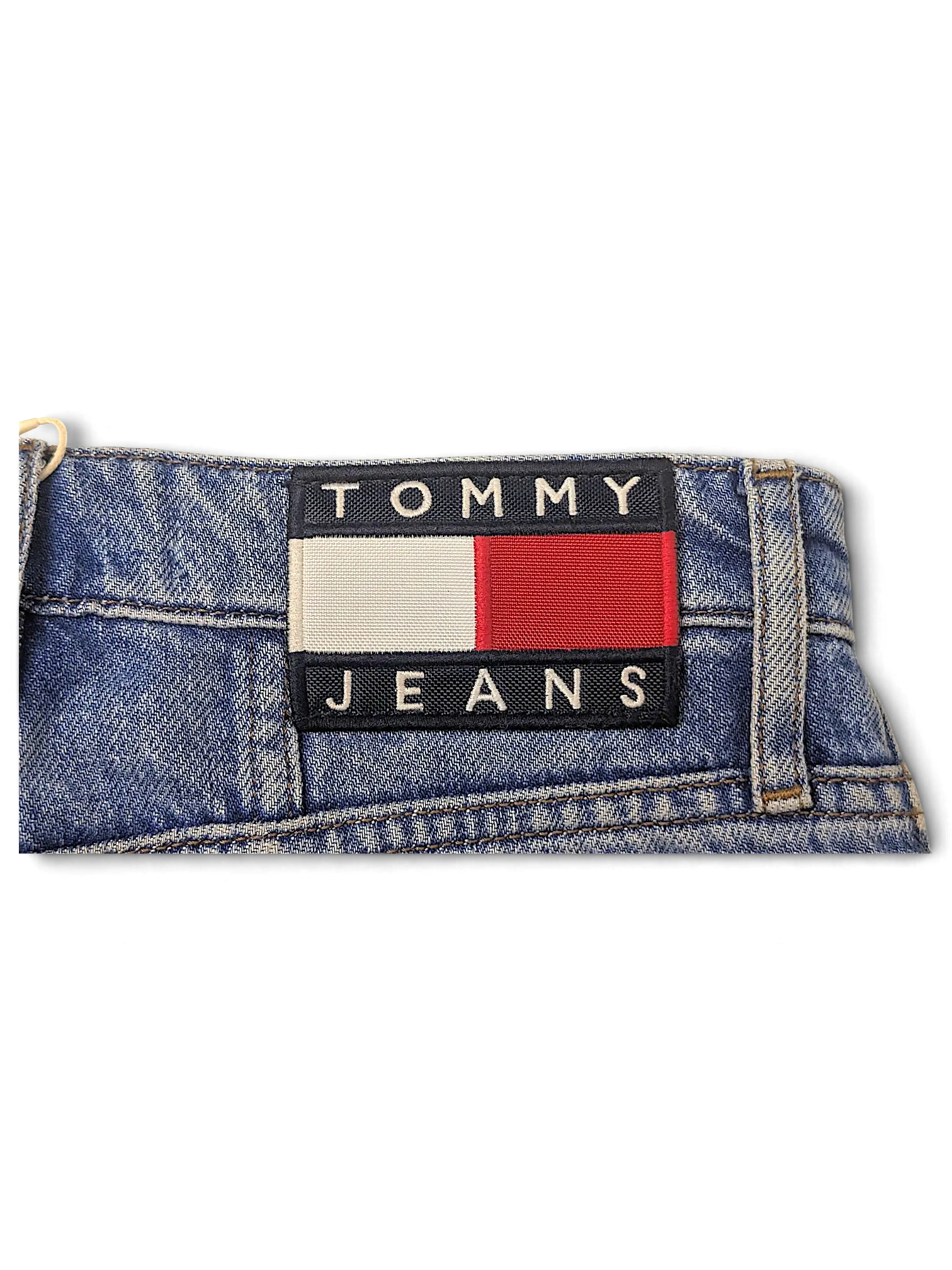 JAKE & IPI Tommy Jeans denim pants featuring the iconic red white and blue logo patch on the back waistband