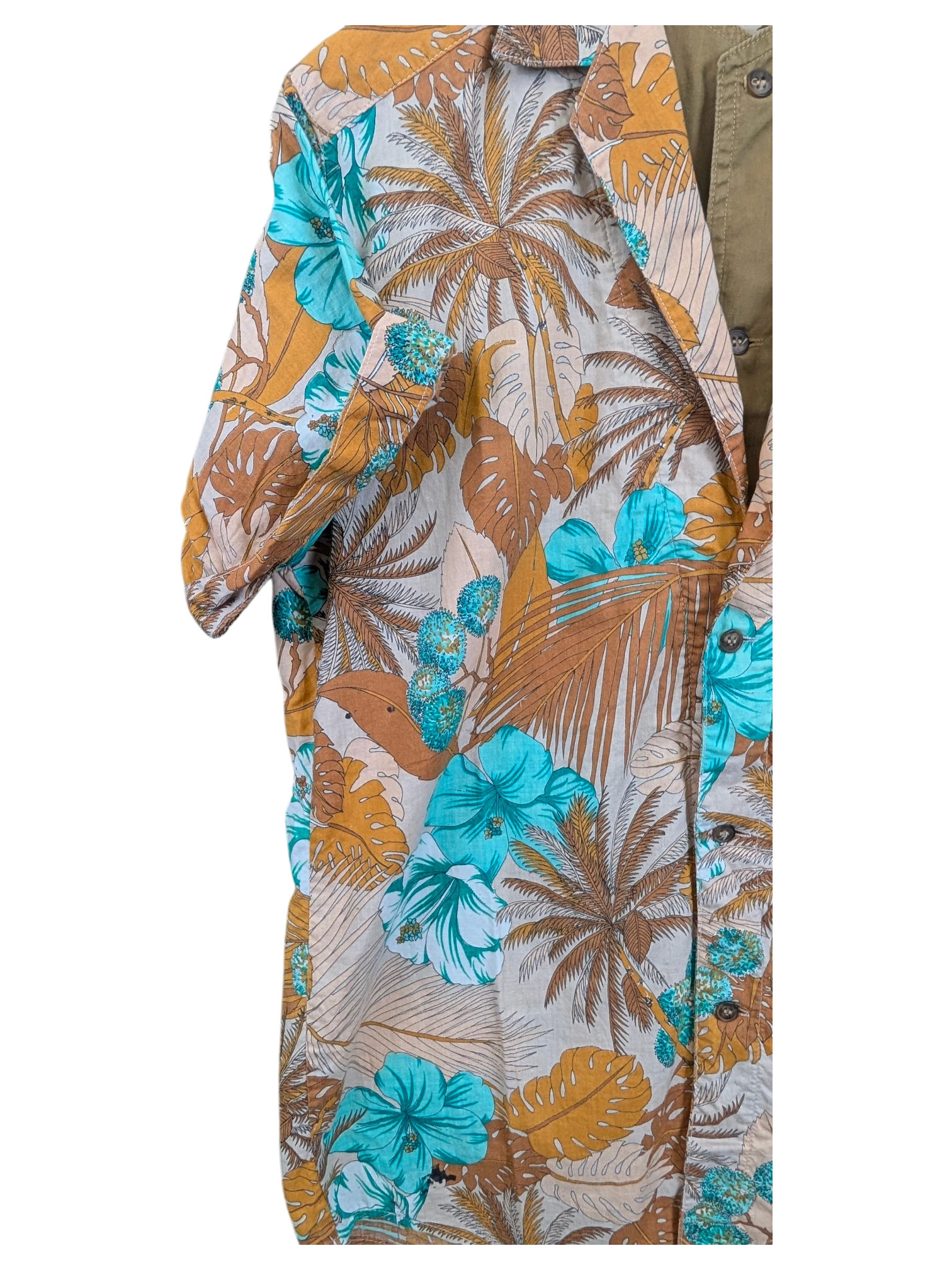 JAKE & IPI Hawaiian shirt featuring a tropical palm tree and hibiscus floral print in teal and tan tones