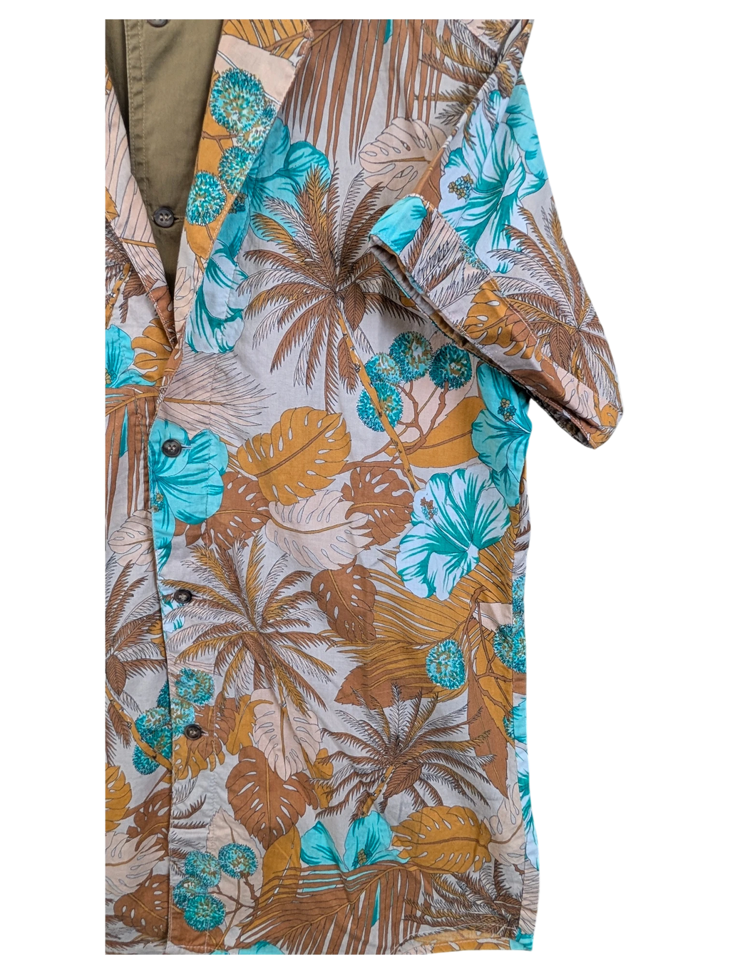 JAKE & IPI Hawaiian shirt featuring a tropical print with palm leaves and hibiscus flowers in teal and brown tones.