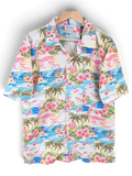 JAKE & IPI short-sleeve Hawaiian shirt featuring a tropical beach print with palm trees and pink hibiscus flowers.