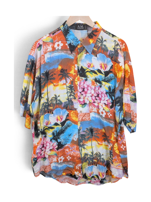 JAKE & IPI A.M. & Company short-sleeve Hawaiian shirt featuring a vibrant tropical sunset, palm tree, and floral print.