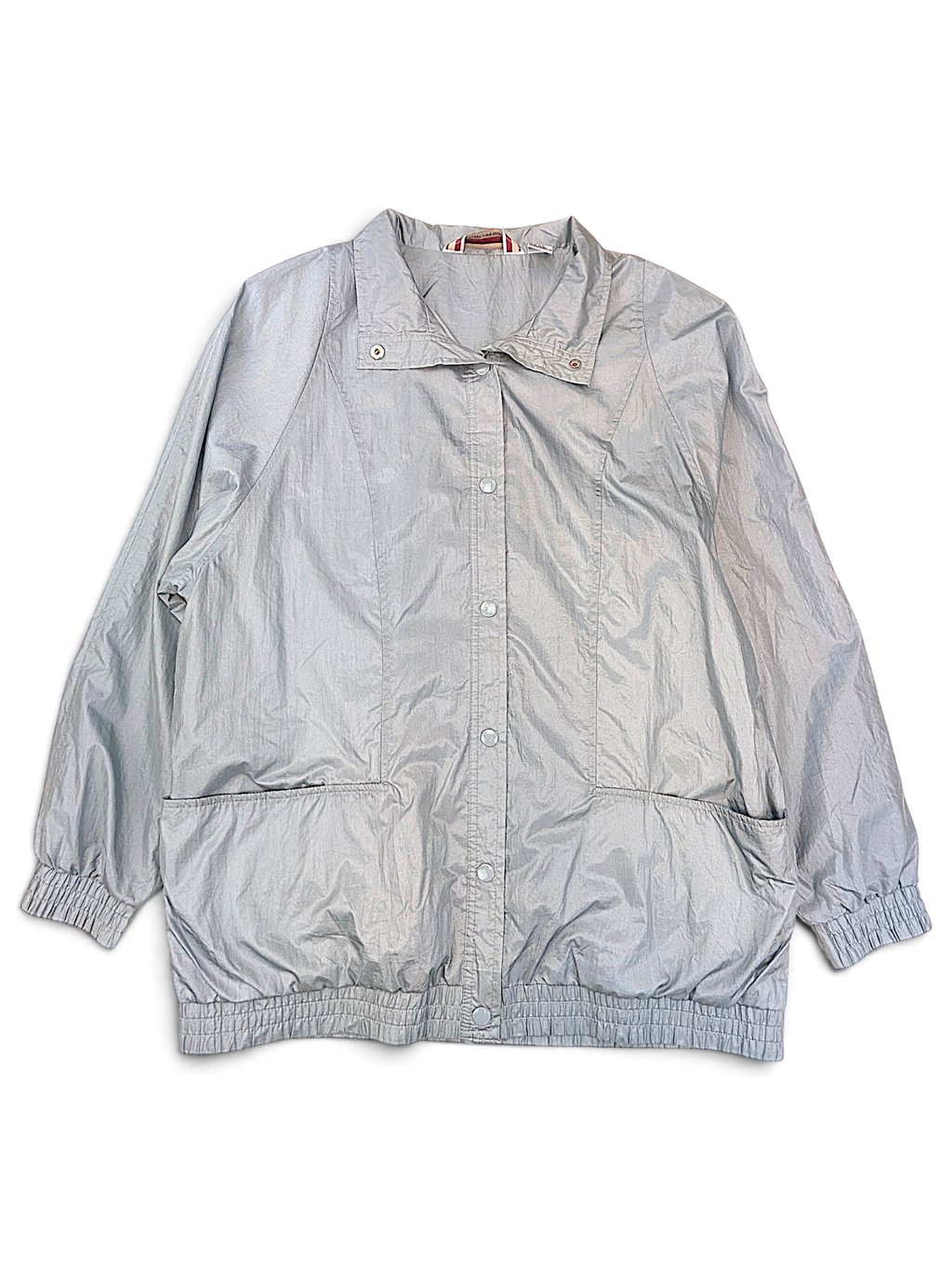 Tudor Court Light Grey Snap Front Jacket; Front view with collar, snaps and patch pockets.