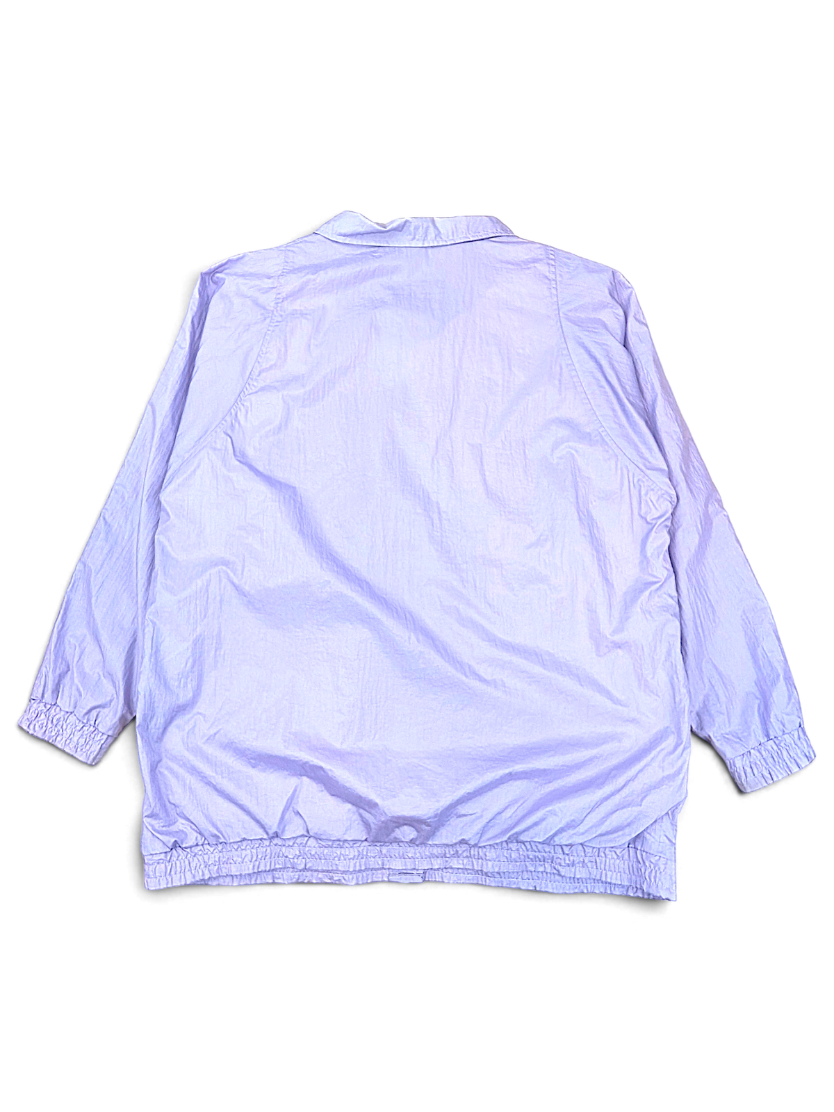 Tudor Court Lilac Snap Front Jacket; Back view with gathered hem.