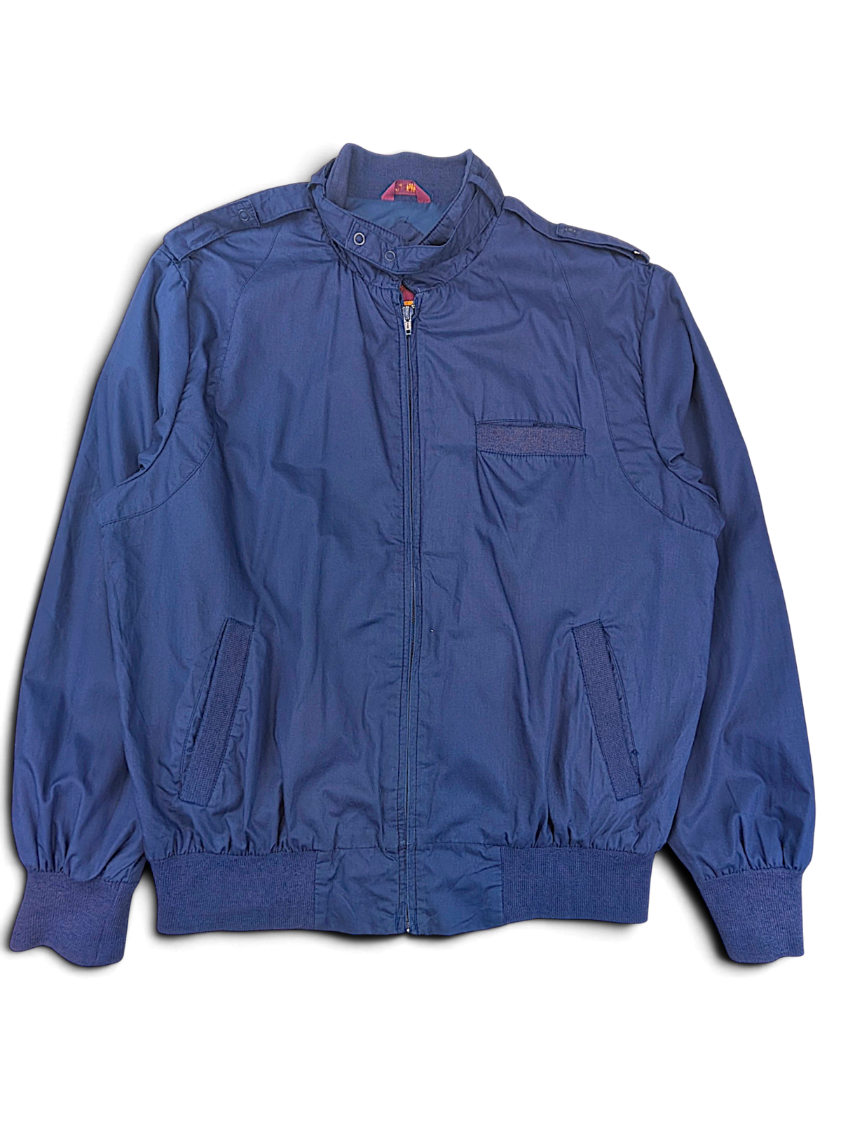 Private Club Navy Zip Jacket; Front view with snap tab collar and ribbed hem.