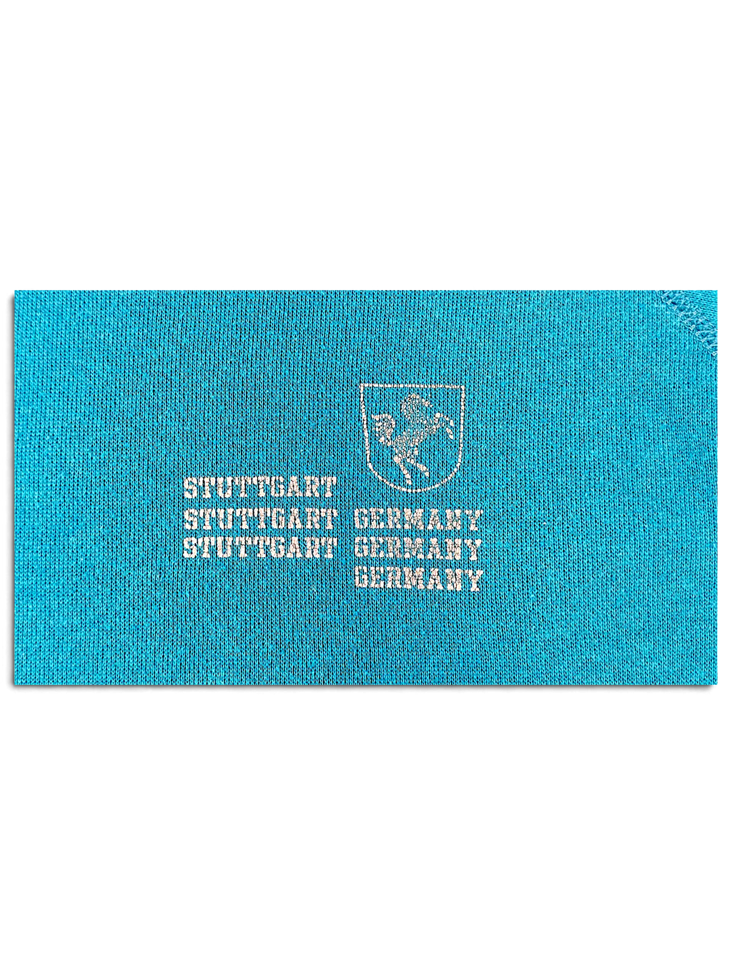 JAKE & IPI turquoise vintage college sweatshirt fabric with white Stuttgart Germany print and horse emblem