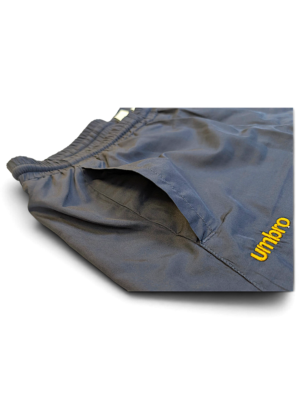 JAKE & IPI pre-owned Umbro navy track pants with yellow embroidered logo detail and elasticated waistband