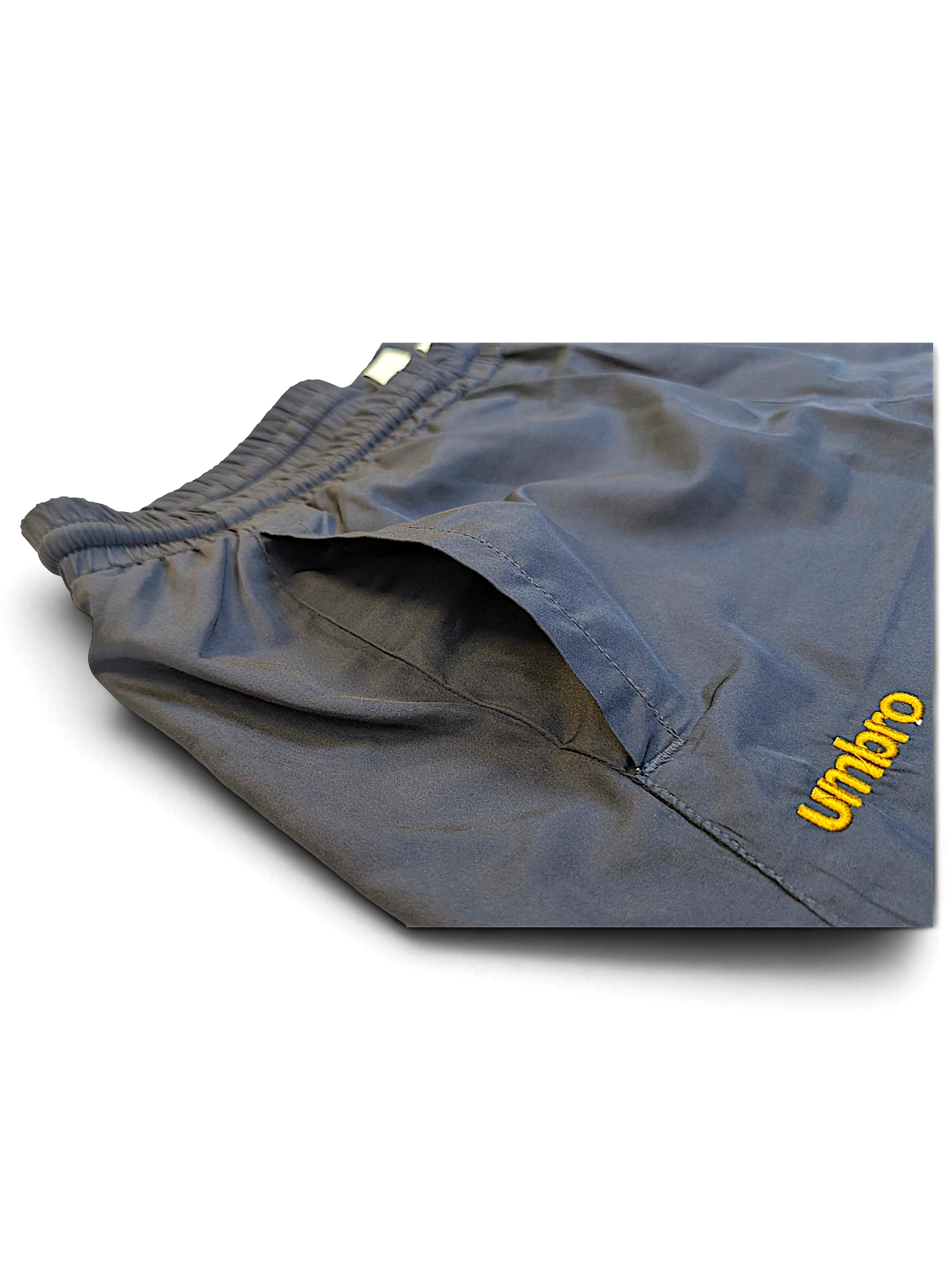 JAKE & IPI pre-owned Umbro navy track pants with yellow embroidered logo detail and elasticated waistband