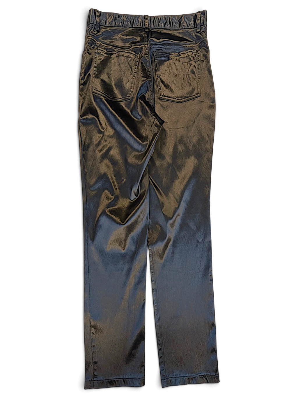 JAKE & IPI USCT pre-owned black straight-leg trousers with a glossy finish, shown from the back view.