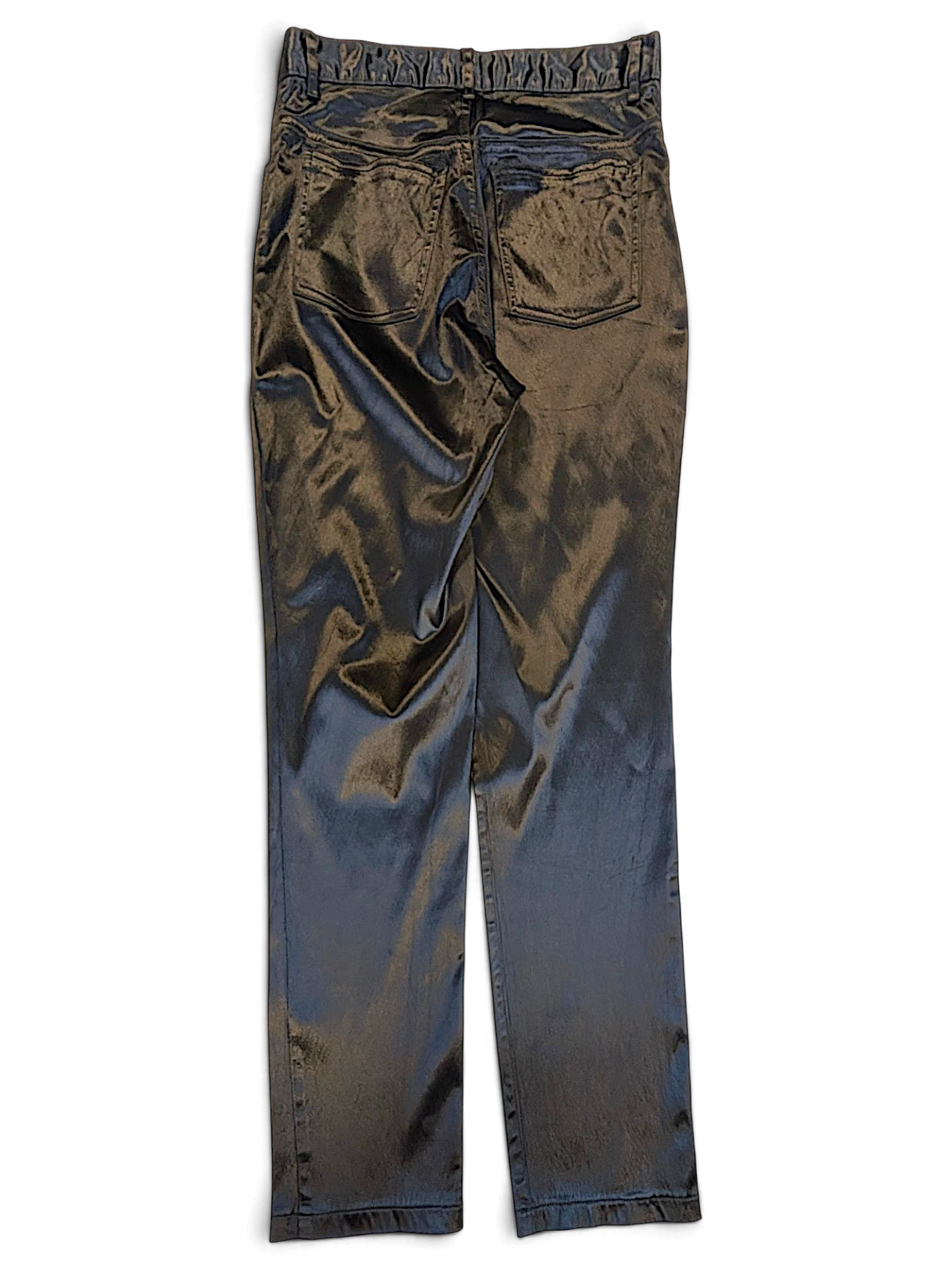 JAKE & IPI USCT pre-owned black straight-leg trousers with a glossy finish, shown from the back view.