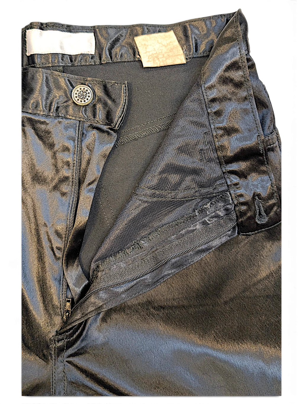JAKE & IPI pre-owned USCT black straight-leg trousers with a glossy finish and detailed button closure