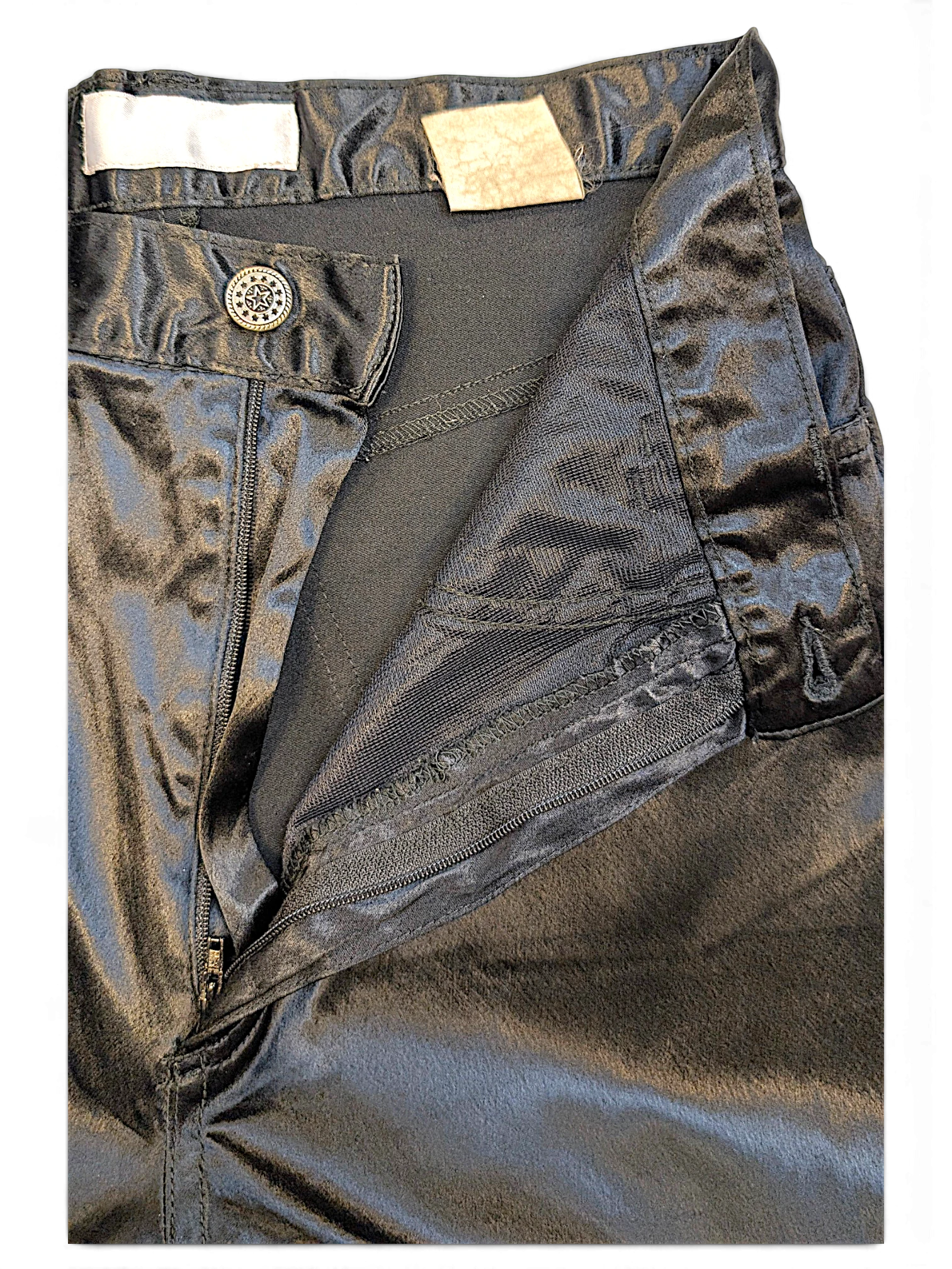 JAKE & IPI pre-owned USCT black straight-leg trousers with a glossy finish and detailed button closure