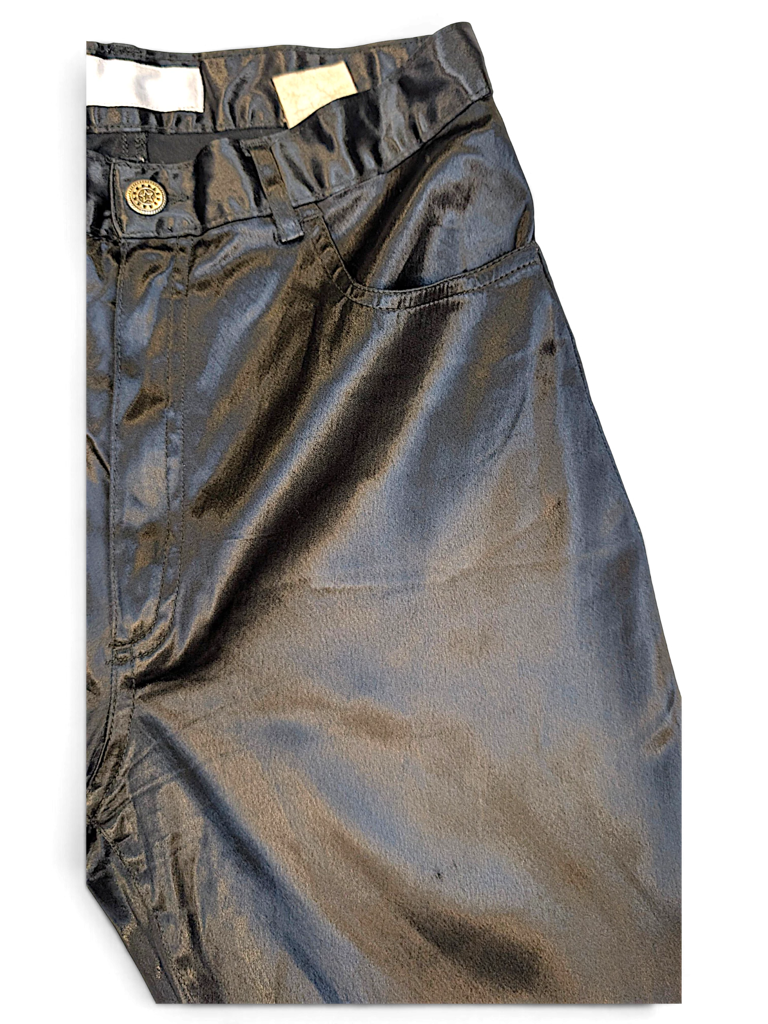 JAKE & IPI USCT pre-owned black straight-leg trousers with a glossy finish and button closure