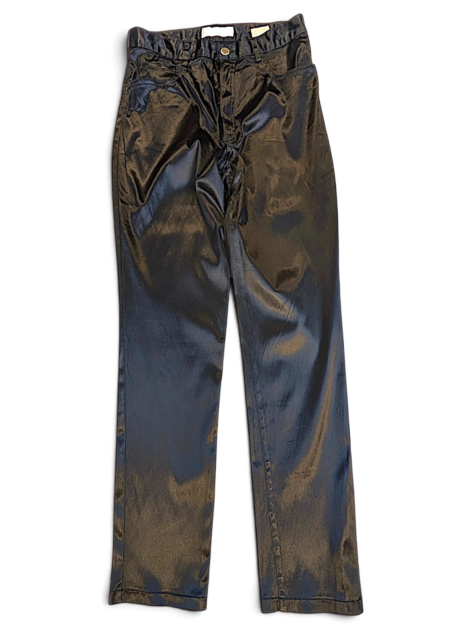 JAKE & IPI USCT pre-owned black straight-leg trousers with a glossy, shiny finish in size 40.