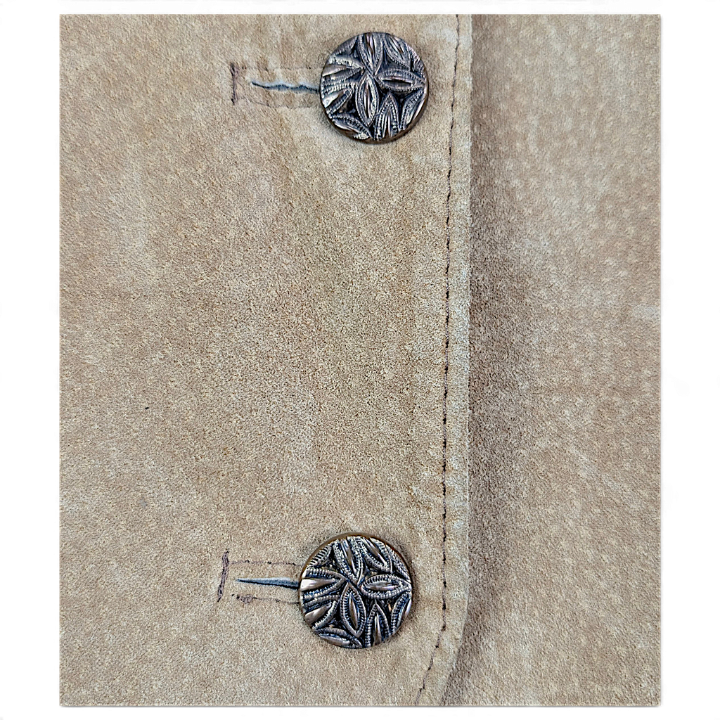 Made in Canada Beige Suede Jacket with Paint Marks – Size Unmarked – decorative metal buttons.