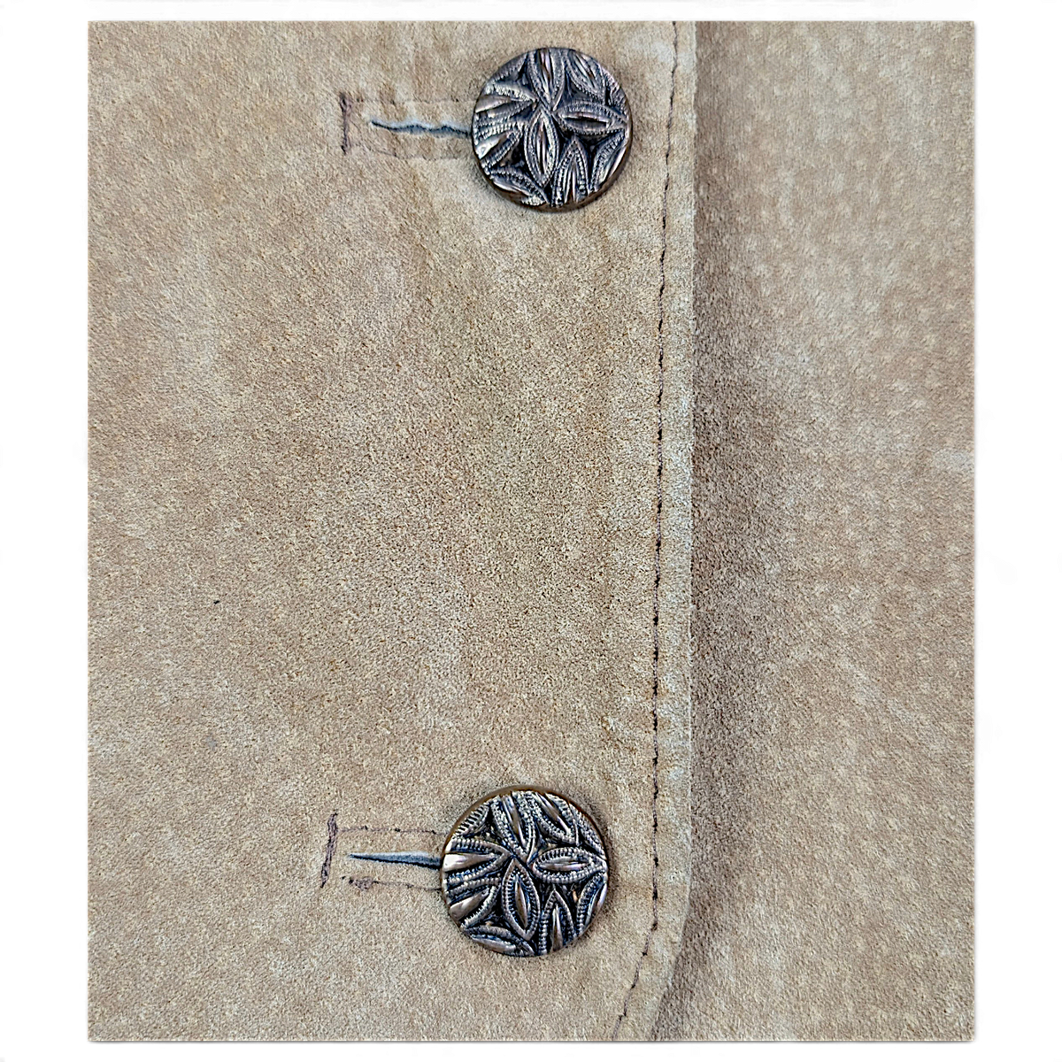 Made in Canada Beige Suede Jacket with Paint Marks – Size Unmarked – decorative metal buttons.