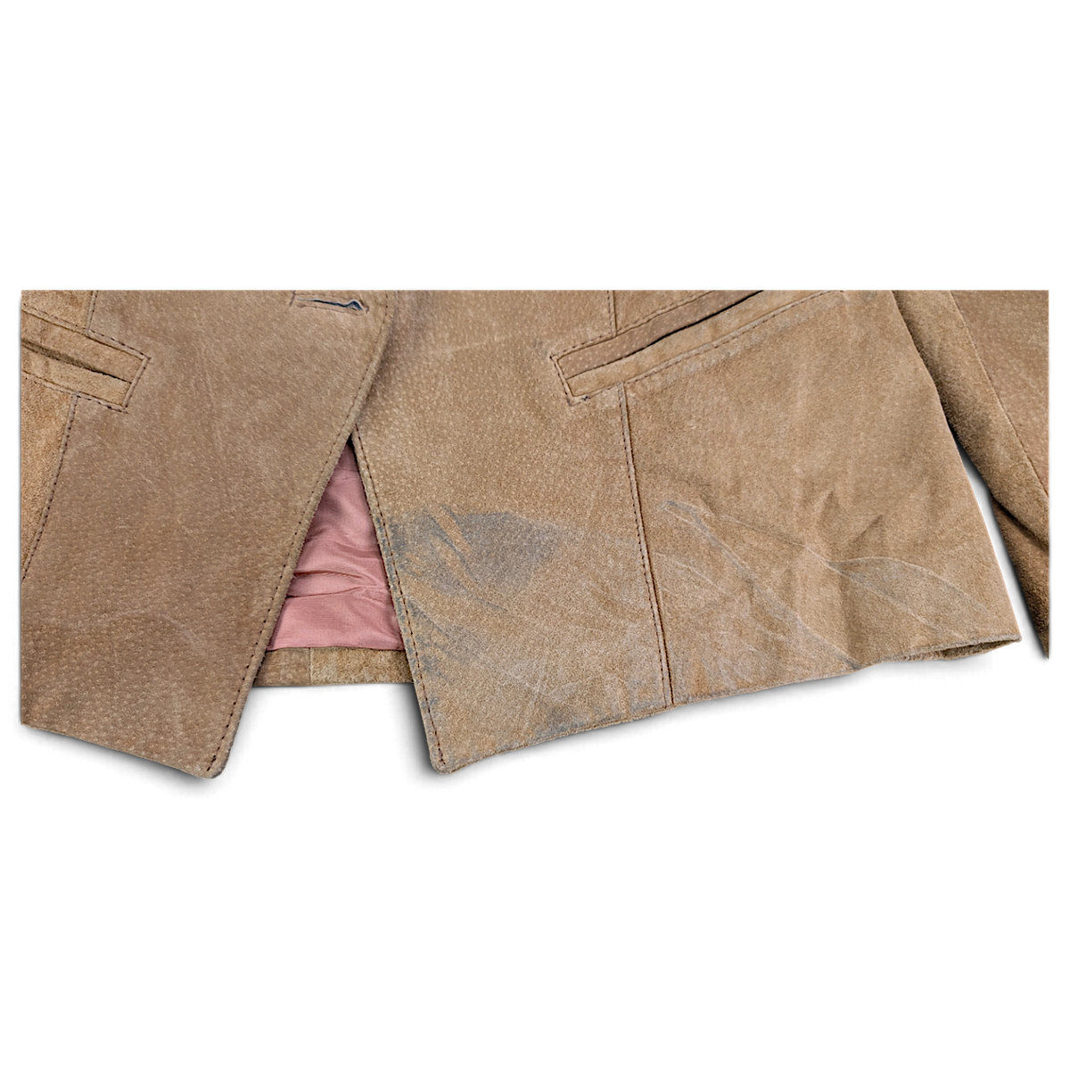 Made in Canada Beige Suede Jacket with Paint Marks – Size Unmarked – front hem stain.