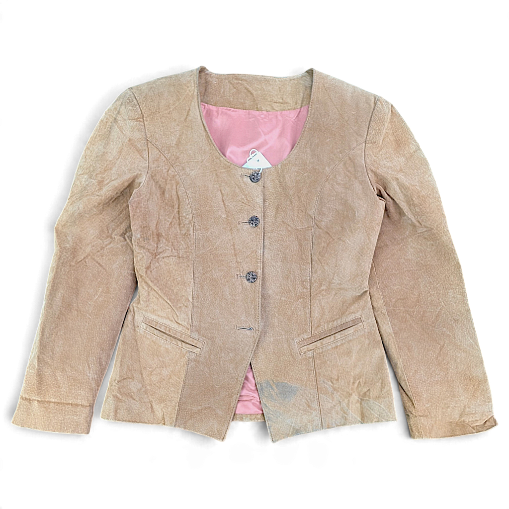 Made in Canada Beige Suede Jacket with Paint Marks – Size Unmarked – front view.