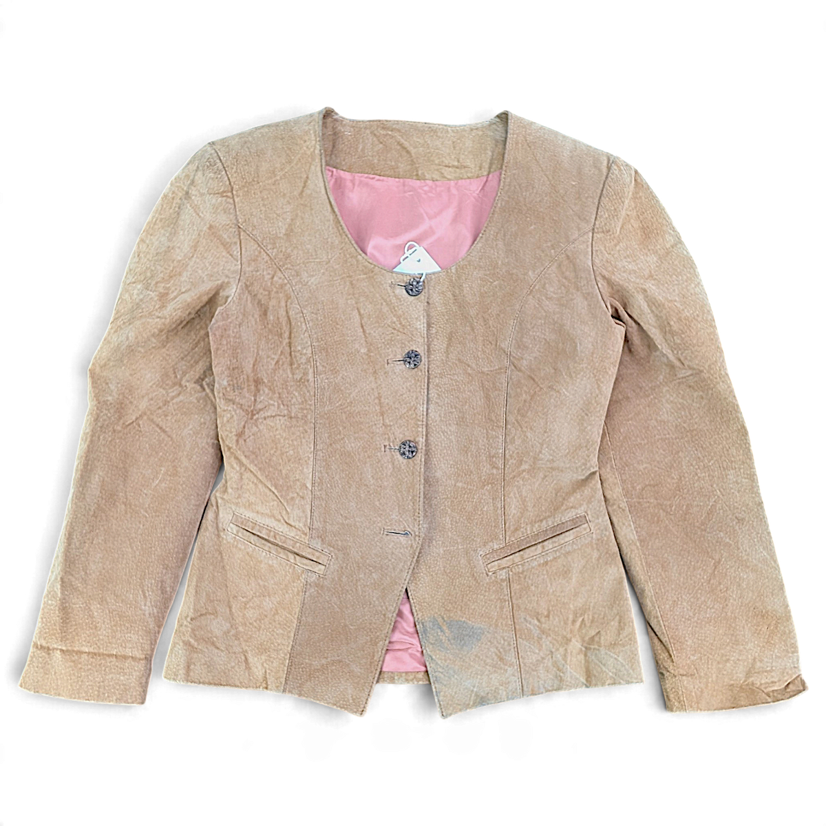 Made in Canada Beige Suede Jacket with Paint Marks – Size Unmarked – front view.
