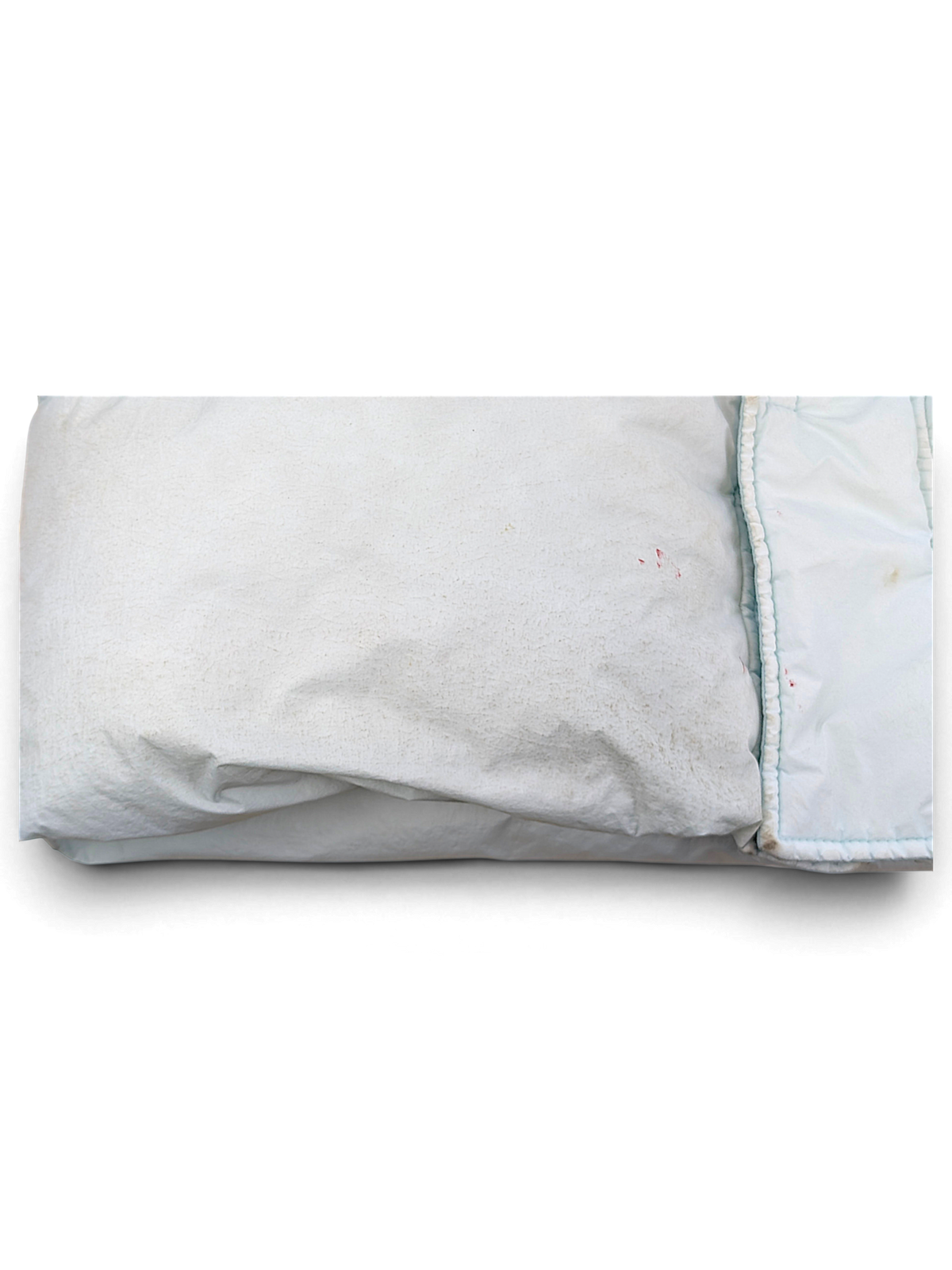 Stone Island pale blue down coat showing visible wear and discolouration