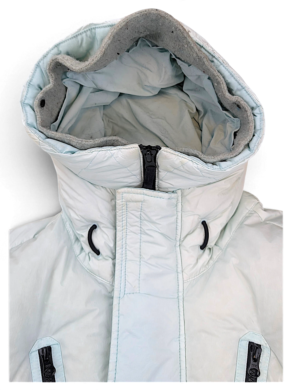 Stone Island down coat hood and inner lining detail