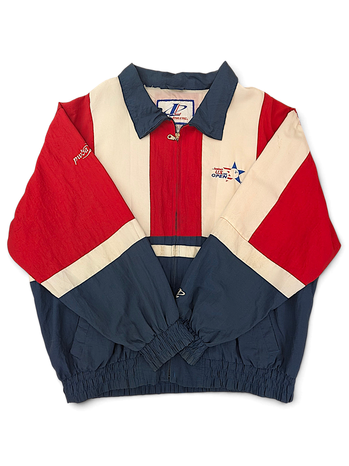 Logo Athletic 1998 Bowling's US Open Jacket; Front view with red, white and navy panels and event badge.
