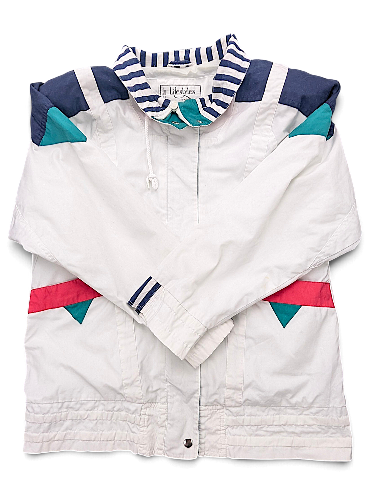 Lifestyles White Geometric Windbreaker – S; front view (image 1 of 5).