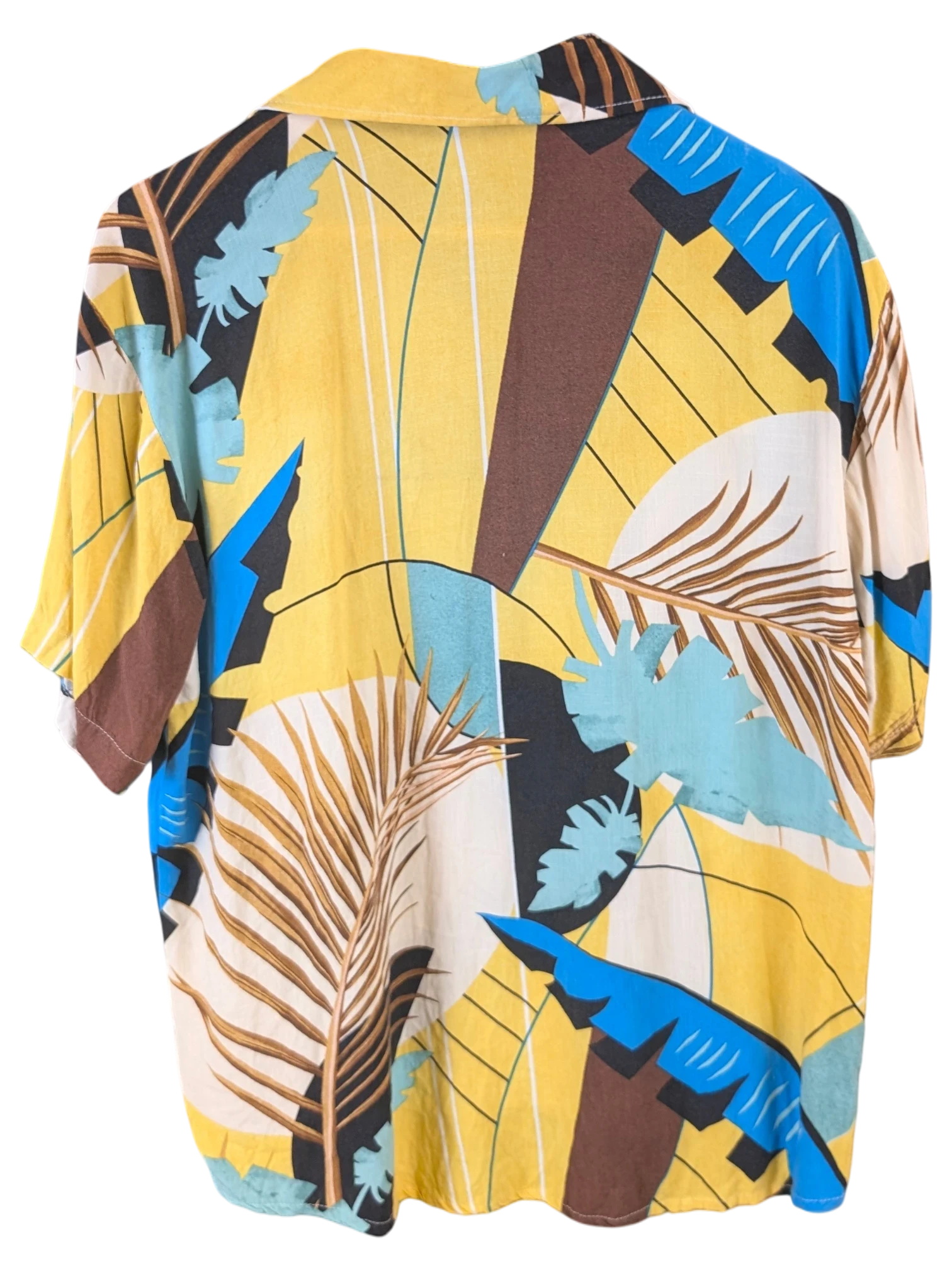 JAKE & IPI Veran Hawaiian shirt featuring a yellow, blue, and brown abstract tropical leaf print on a short-sleeve top.