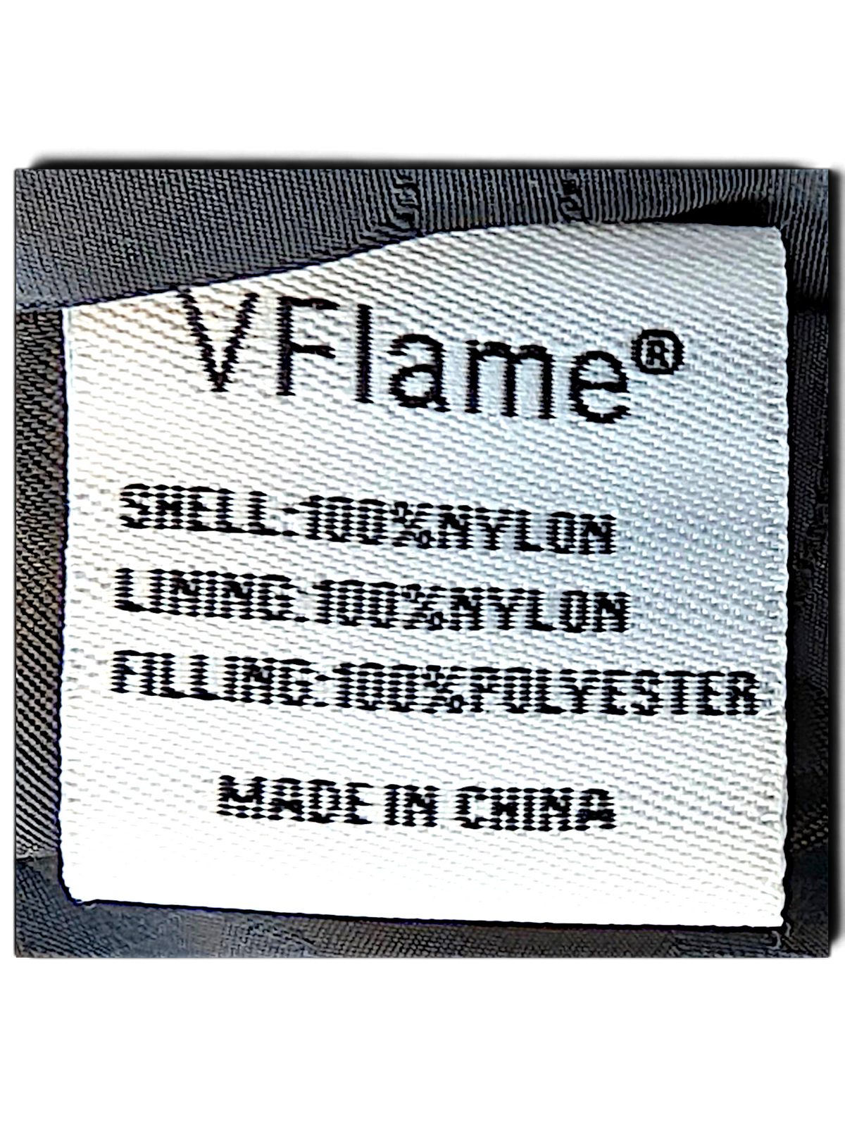 VFlame jacket composition label showing nylon shell and lining