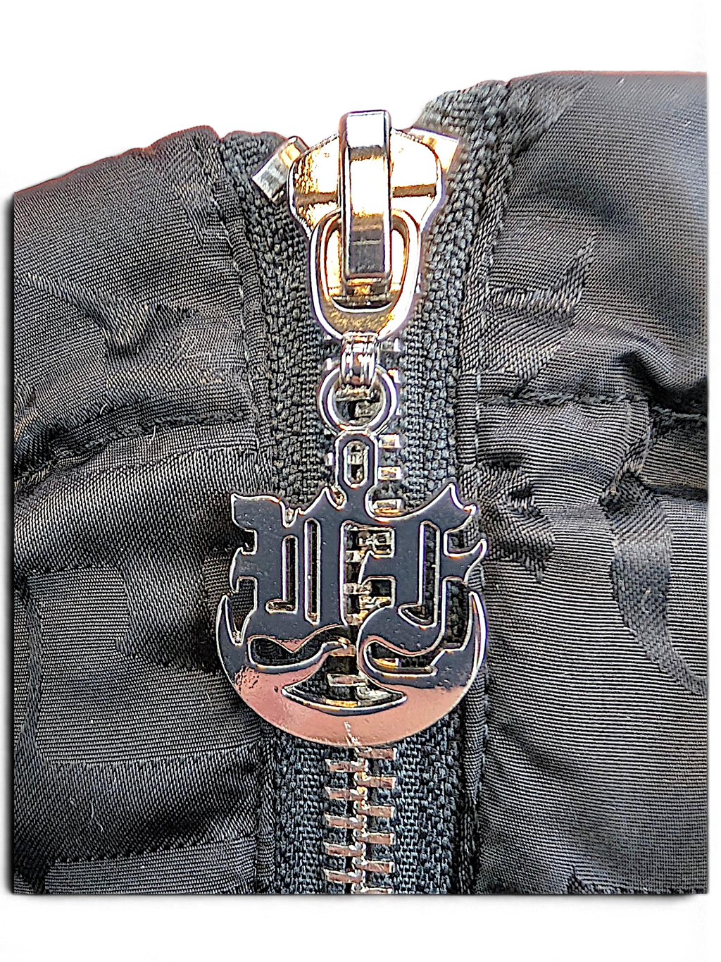 VFlame jacket silver-tone branded zip pull and black patterned fabric