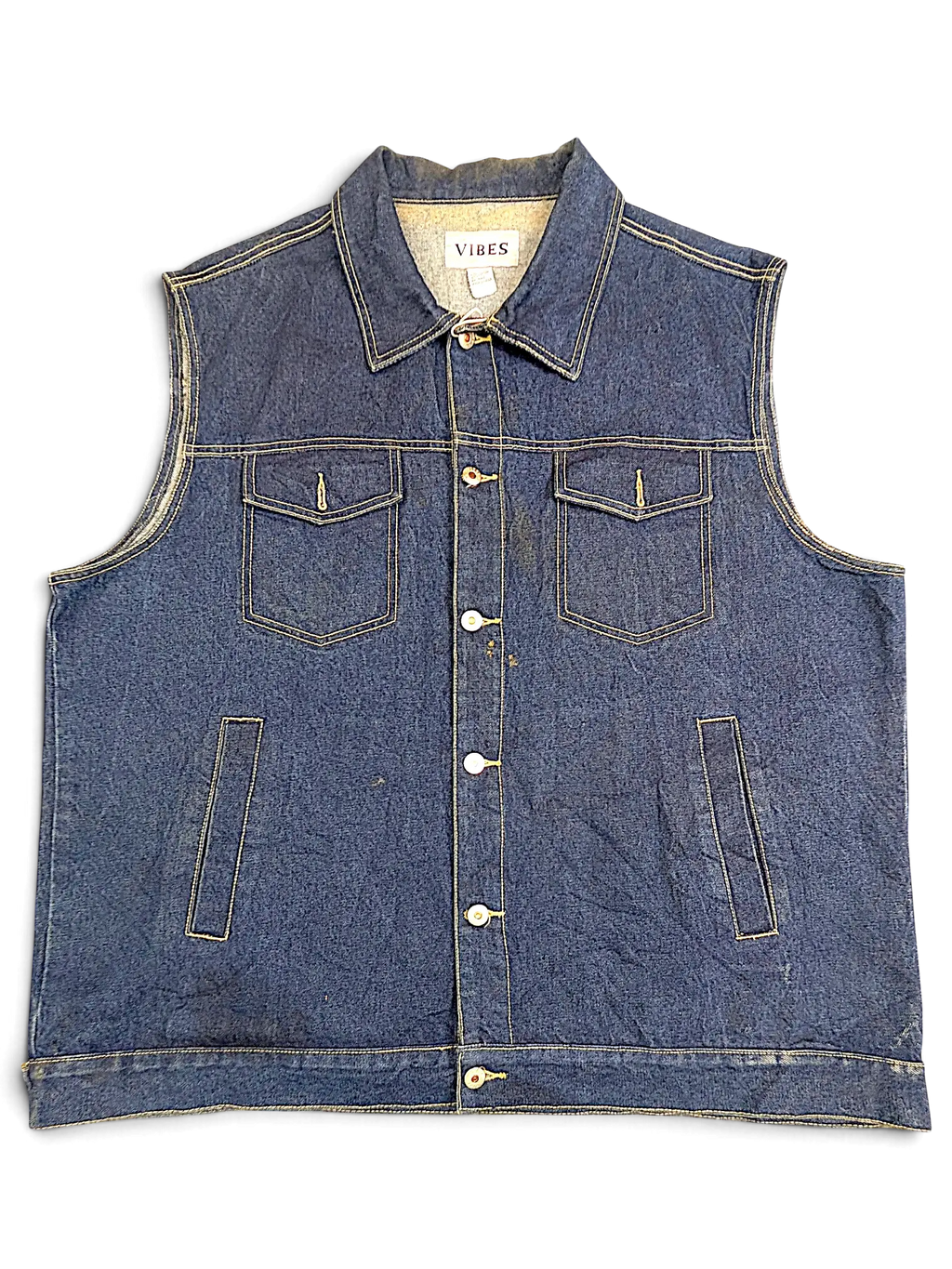 JAKE & IPI Vibes blue denim vest with a classic collar, button-up front, and two chest pockets.
