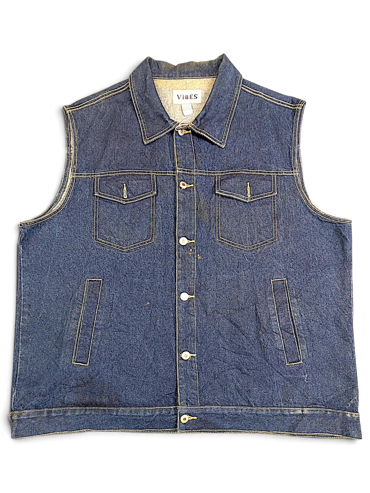 JAKE & IPI Vibes blue denim vest with a classic collar, button-up front, and two chest pockets.