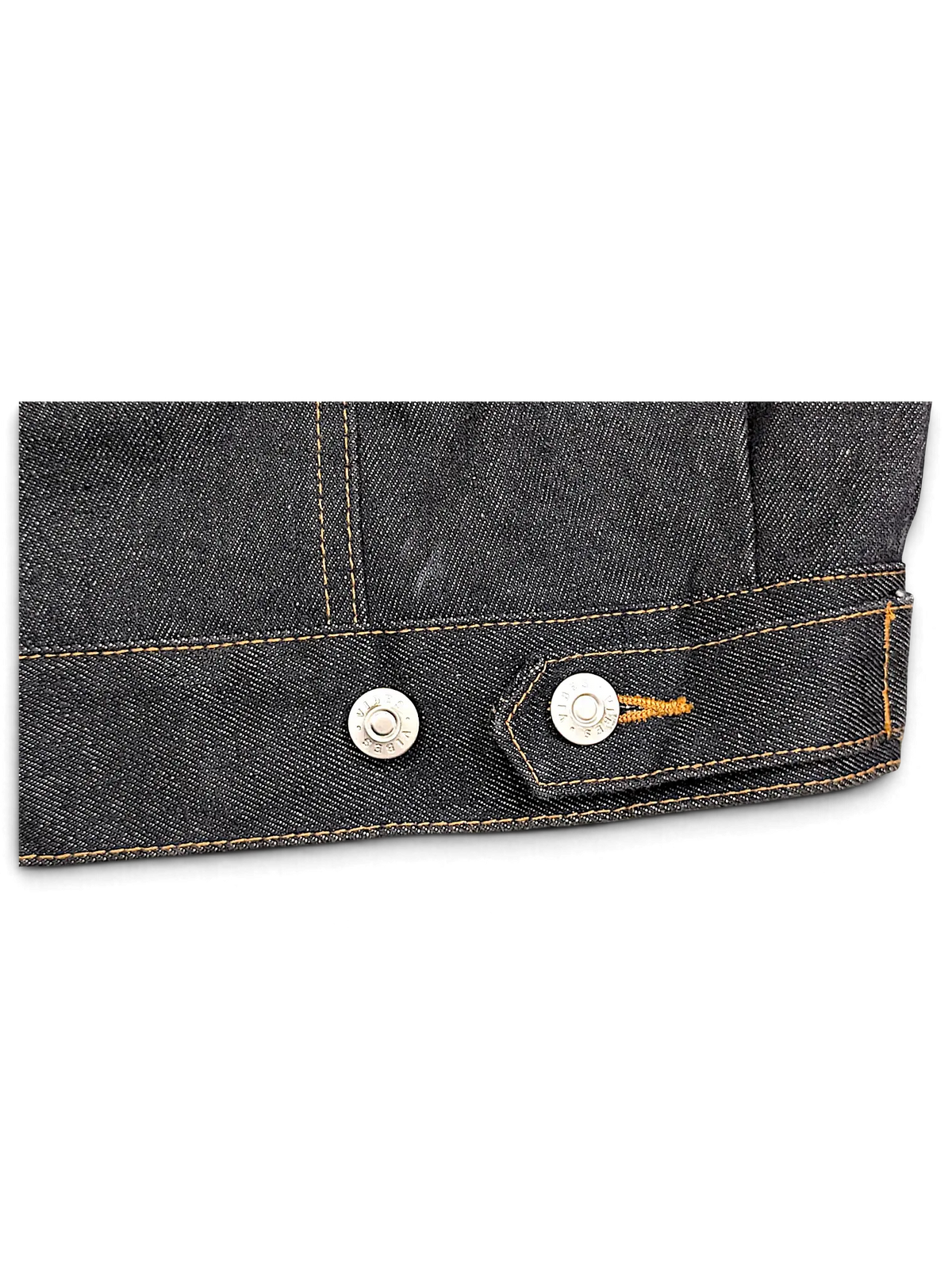 JAKE & IPI VIBES dark denim jacket with contrast orange stitching and silver metal button detail on the hem
