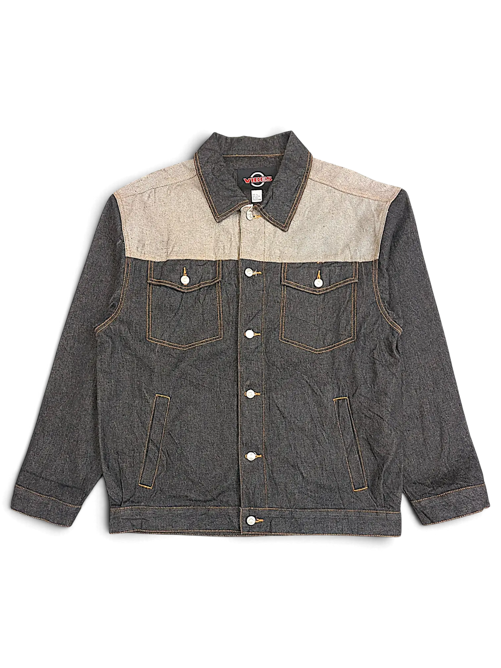 JAKE & IPI VIBES denim jacket featuring a dark grey body with a contrasting light beige yoke and button-up front.
