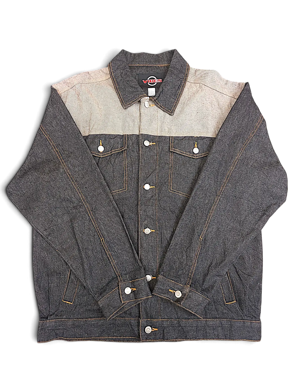 JAKE & IPI VIBES denim jacket featuring a dark grey body with a contrasting light grey shoulder panel and metal buttons
