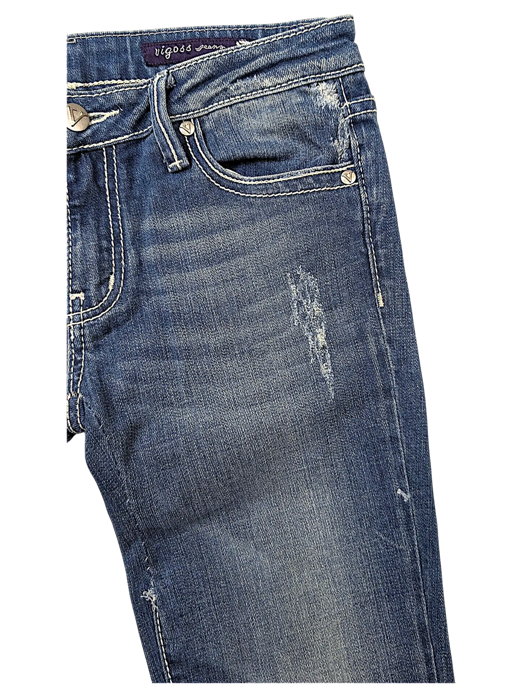 JAKE & IPI Vigoss flare jeans in medium wash denim with distressed detailing and contrast stitching